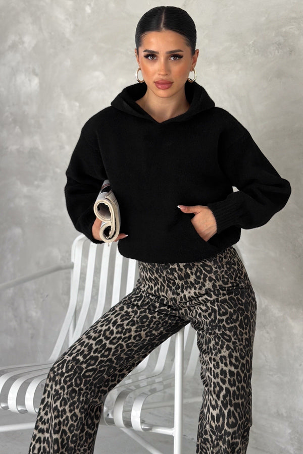 Kadın Standart Beden Kapüşonlu Peluş Triko Sweatshirt - Siyah
