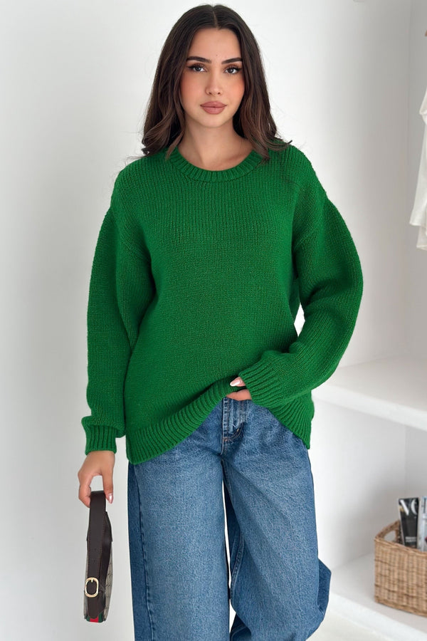 Kadın Oversize Basic Triko Kazak - Standart Beden - Yeşil