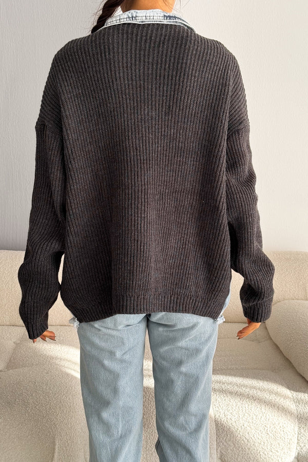 Kadın Kolları Ve Cebi Trikolu Oversize Denim Kot Garnili Hırka - Antrasit