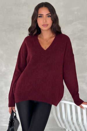 Kadın V Yaka Standart Beden Oversize Basic Triko Kazak - Bordo