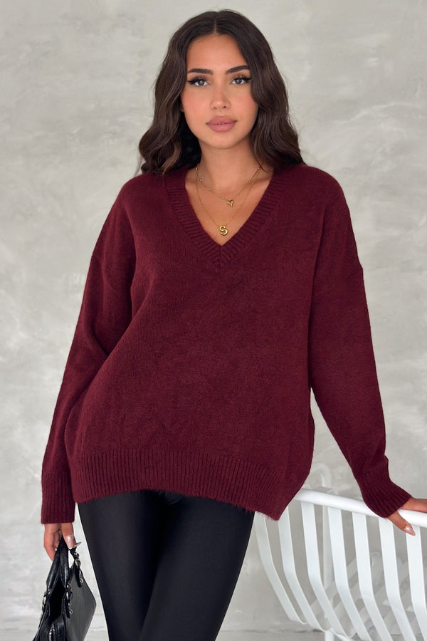 Kadın V Yaka Standart Beden Oversize Basic Triko Kazak - Bordo