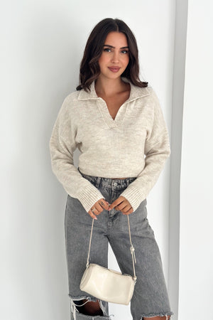 Kadın Polo Yaka Oversize Triko Kazak - Standart Beden Yumuşak Dokulu - Bej