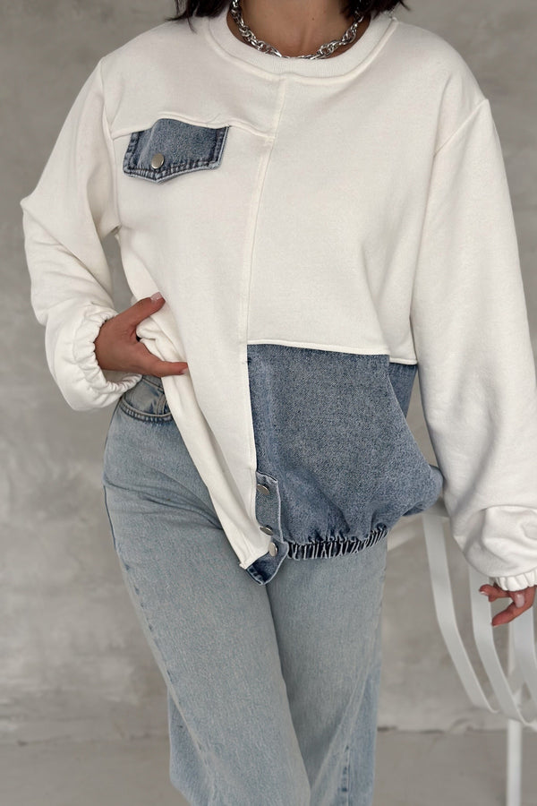 Kadın Kot Detaylı Tasarım Sweatshirt - Beyaz
