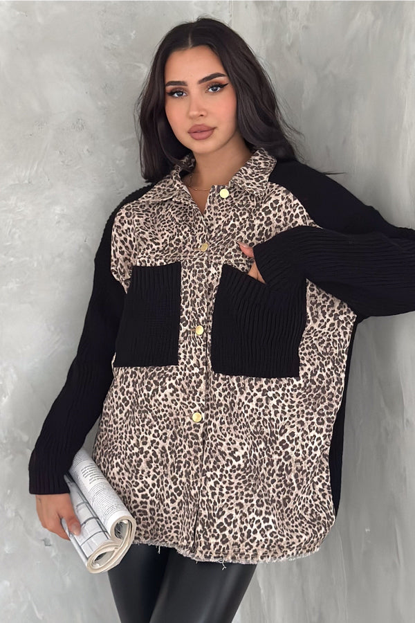 Kadın Standart Beden Leopar Desen Kolları Ve Cebi Trikolu Oversize Denim Kot Garnili Hırka - Kahverengi