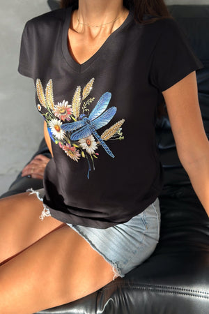 Kadın V Yaka Yusufçuk Desenli Pul Payet Boncuk İşlemeli %100 Pamuk T-Shirt - Siyah