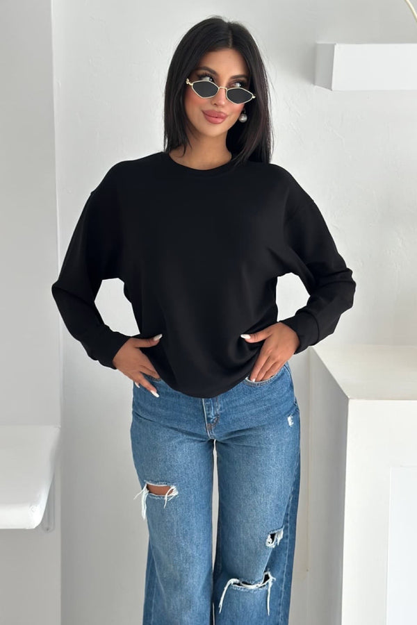Modal Kumaş Basic Sweatshirt - Siyah