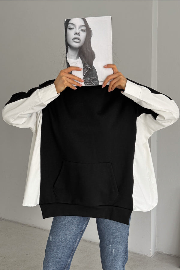 Kadın Standart Beden Oversize Kalıp Cepli Tasarım Sweatshirt - Siyah