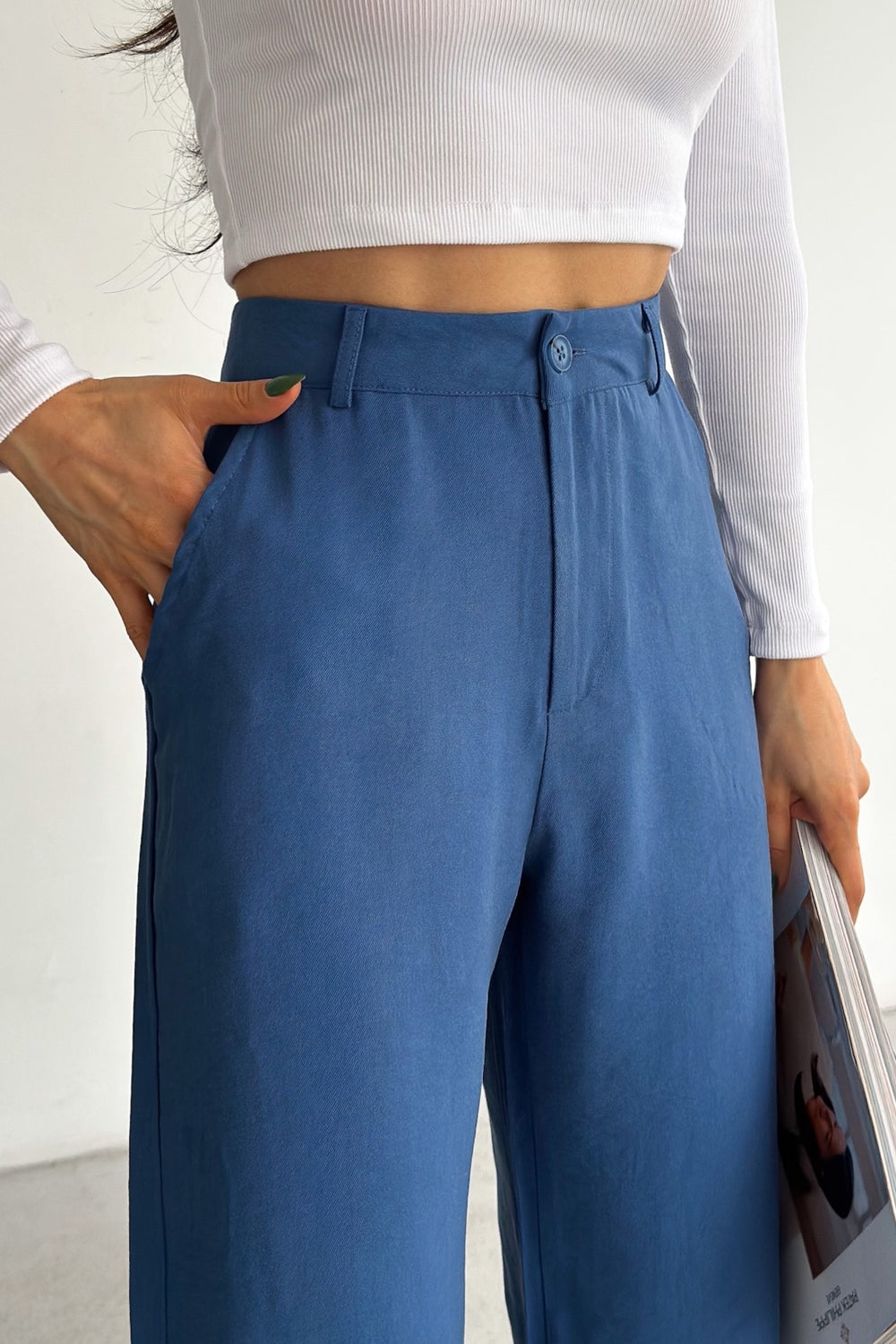 Kadın Yeni Sezon Modal Kumaş Bol Paça Yüksek Bel Pantolon - Mavi
