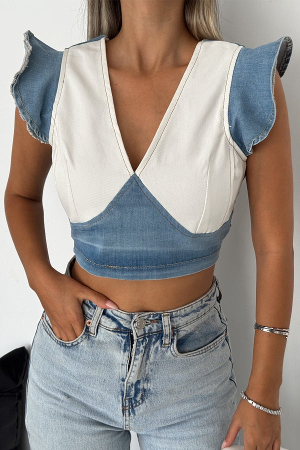 Kadın Sırtı Fermuarlı Crop Kot Bluz - Mavi