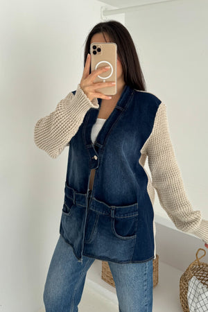 Kolları Ve Sırtı Triko Kot Denim Oversize Hırka Cepli Standart Beden - Bej