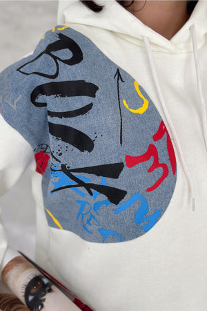 Kadın Kot Detaylı İçi Pamuklu Kapüşonlu Sweatshirt - Beyaz