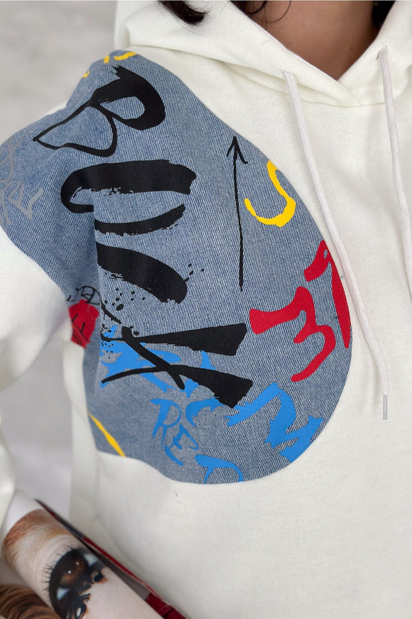 Kadın Kot Detaylı İçi Pamuklu Kapüşonlu Sweatshirt - Beyaz
