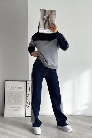 Beli Lastikli Denim Alt-Üst Takım - Gri