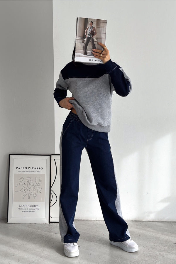 Beli Lastikli Denim Alt-Üst Takım - Gri