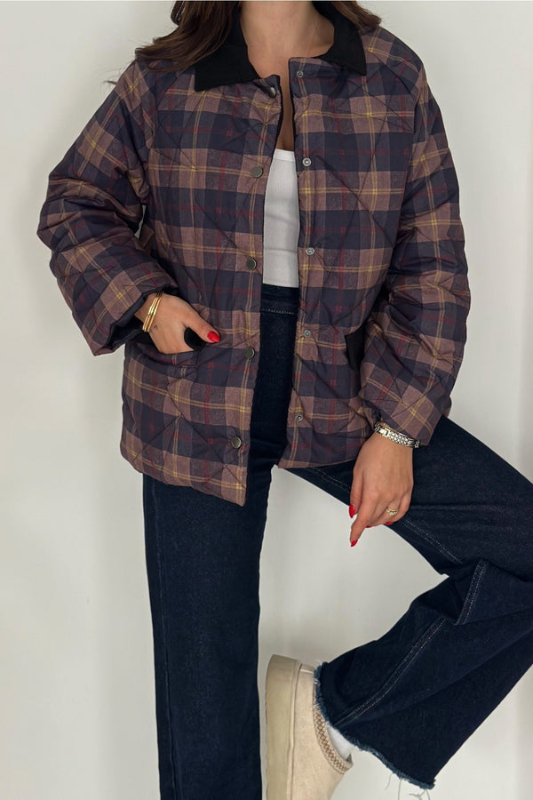 Kadın Kadife Yaka Detaylı Ekose Çıtçıt Düğme Kapitone Astarlı Oversize Mont - Lacivert