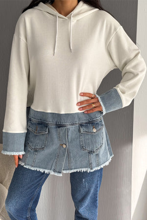 Kadın Kapüşonlu Kot Denim Detaylı Düğmeli Tasarım Sweatshirt - Beyaz