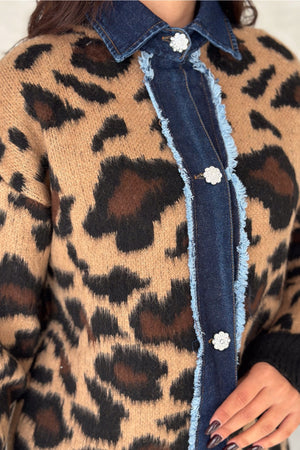Kadın Desen Standart Beden Kot Detaylı Taş Düğmeli Tasarım Oversize Triko Hırka - Leopar