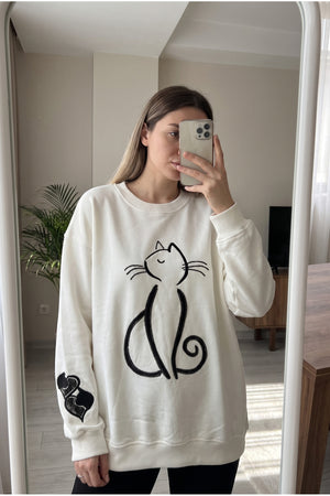 Kedi Nakışlı Boncuk İşlemeli %100 Pamuk Sweatshirt - Beyaz