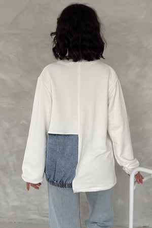 Kadın Kot Detaylı Tasarım Sweatshirt - Beyaz