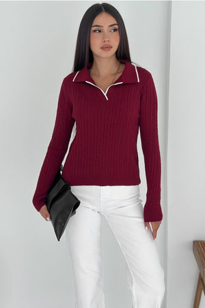 Kadın Polo Yaka Standart Beden Triko Bluz - Bordo
