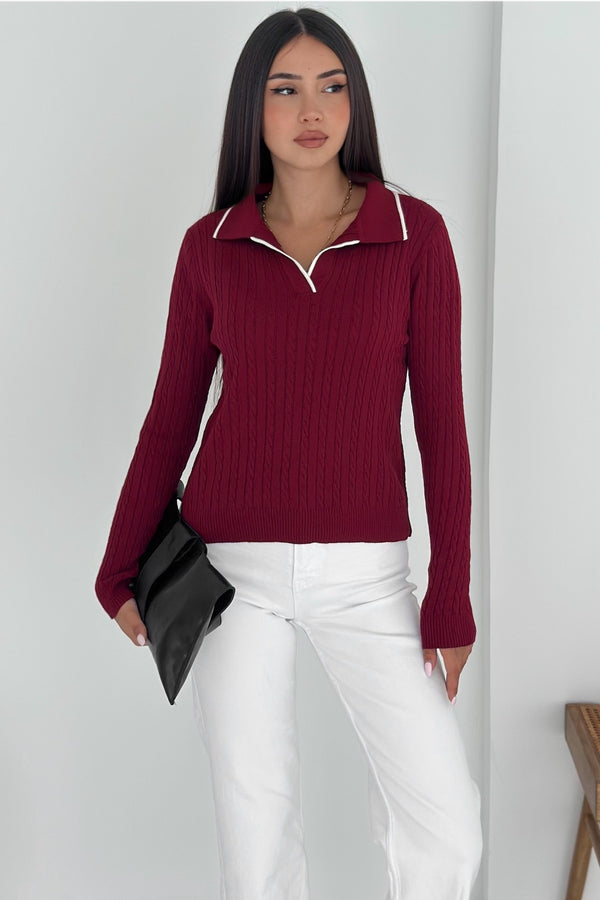 Kadın Polo Yaka Standart Beden Triko Bluz - Bordo