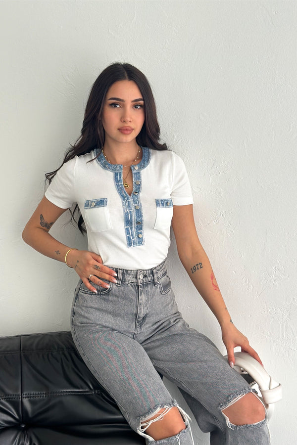Kadın Kot Detaylı Pul Payet İşlemeli %100 Pamuk Kısa Kol Triko Bluz - Beyaz