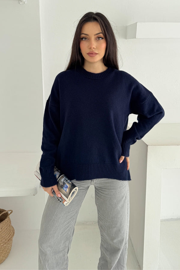 Kadın Standart Beden Oversize Basic Triko Kazak - Lacivert