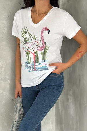 Kadın V Yaka Flamingo Pul Payet Ve Nakış İşlemeli %100 Pamuk Tişört - Beyaz