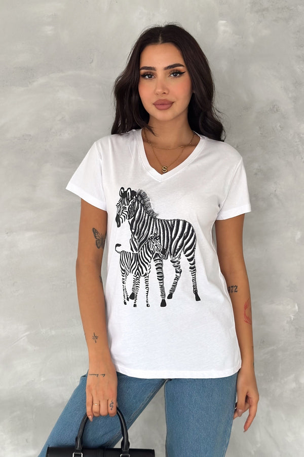 Kadın V Yaka Zebra Desen Pul Payet İşlemeli %100 Pamuk Tişört - Beyaz