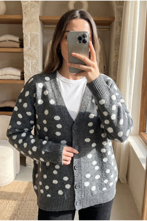 Antrasit Puantiyeli Oversize Triko Hırka Standart Beden - Gri