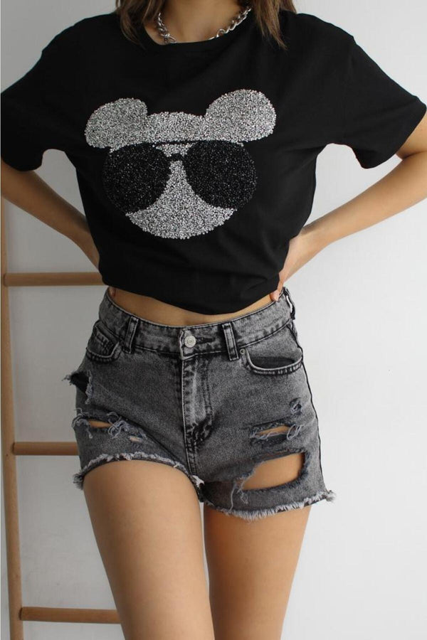 Kadın Yeni Sezon Bisiklet Yaka Pamuklu T-shirt - Siyah