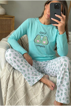 Avokado Desenli Pijama Takımı - Turkuaz