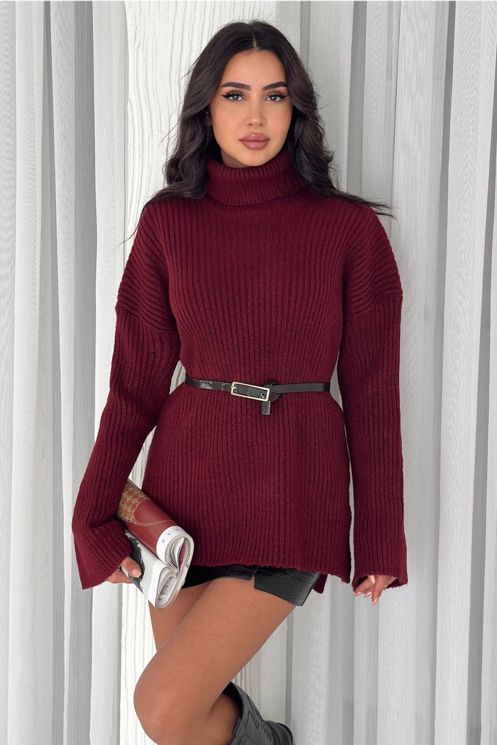 Kadın Standart Beden Basic Boğazlı Oversize Triko Kazak - Bordo