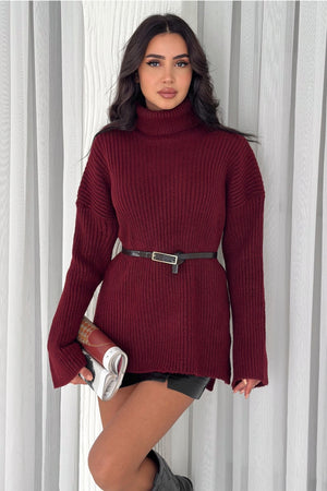 Kadın Standart Beden Basic Boğazlı Oversize Triko Kazak - Bordo