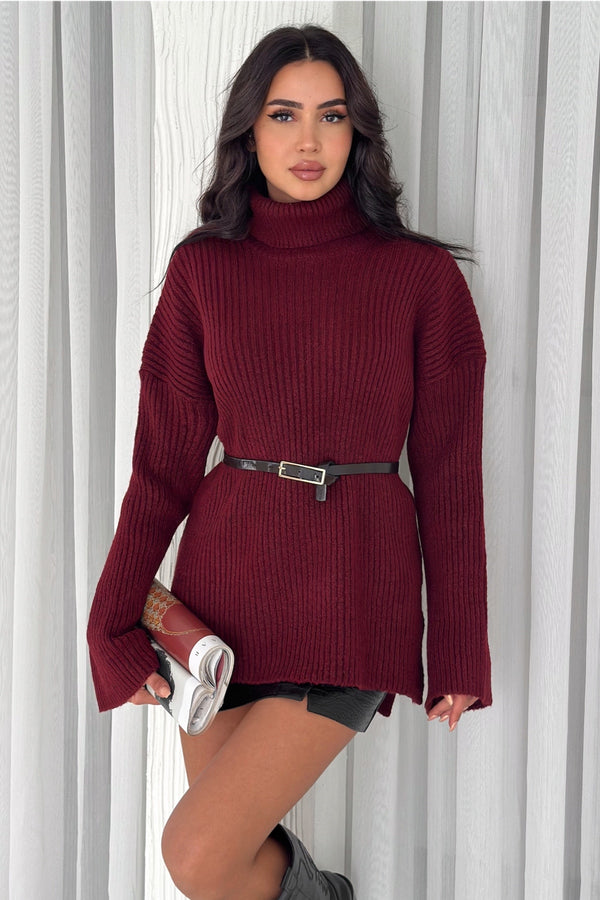 Kadın Standart Beden Basic Boğazlı Oversize Triko Kazak - Bordo