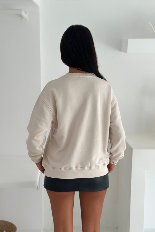 Boncuk Ve Pul İşlemeli %100 Pamuk Sweatshirt - Bej