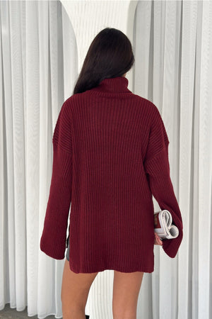 Kadın Standart Beden Basic Boğazlı Oversize Triko Kazak - Bordo