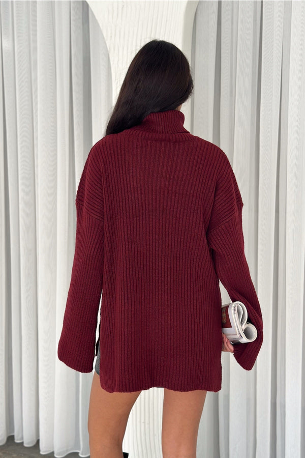 Kadın Standart Beden Basic Boğazlı Oversize Triko Kazak - Bordo