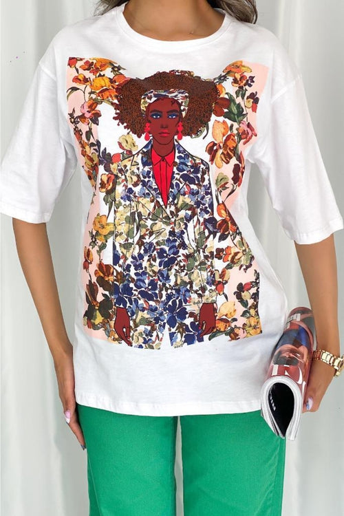Kadın Baskılı Tasarım Pamuk T-Shirt - Beyaz