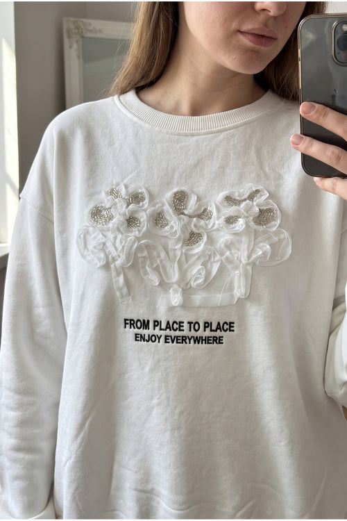 Nakış Ve Boncuk İşlemeli %100 Pamuk Sweatshirt - Beyaz