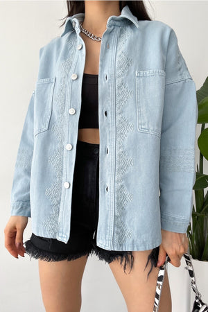 Kadın Buz Yeni Sezon Çift Cepli Standart Beden Nakış Işlemeli Oversize Ceket - Mavi