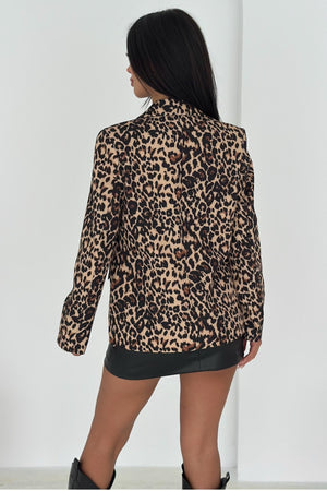 Leopar Desenli Blazer Ceket Vatkalı İçi Astarlı - Kahverengi