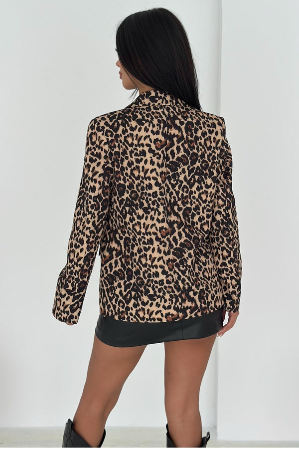 Leopar Desenli Blazer Ceket Vatkalı İçi Astarlı - Kahverengi