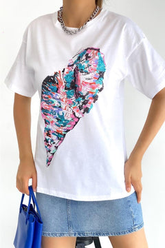Kadın Bisiklet Yaka Pul Payet Işleme Yeni Sezon Pamuk T-shirt - Beyaz