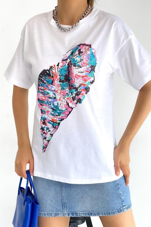 Kadın Bisiklet Yaka Pul Payet Işleme Yeni Sezon Pamuk T-shirt - Beyaz