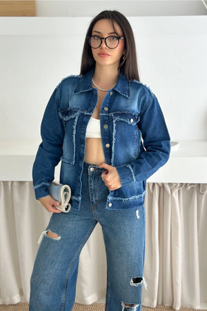 Kadın Saçaklı Dikiş Detaylı Oversize Denim Kot Ceket - Mavi