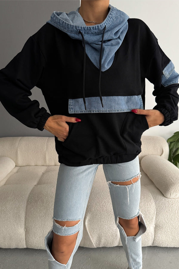 Kot Garnili Kapüşonlu Tasarım Sweatshirt - Siyah