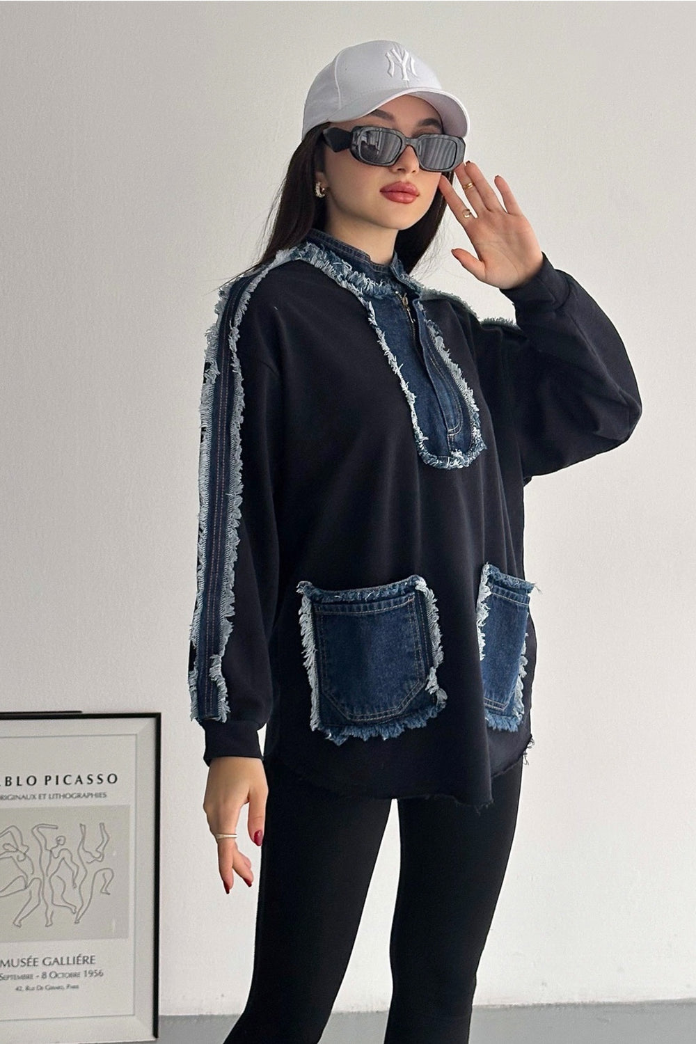 Kadın Fermuarlı Cepli Kot Denim Detaylı Sweatshirt - Lacivert