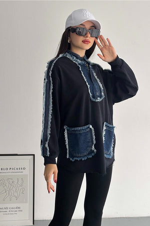 Kadın Fermuarlı Cepli Kot Denim Detaylı Sweatshirt - Lacivert