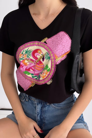 Kadın V Yaka Flamingo Saat Pul Payet İşlemeli %100 Pamuk Tişört - Siyah